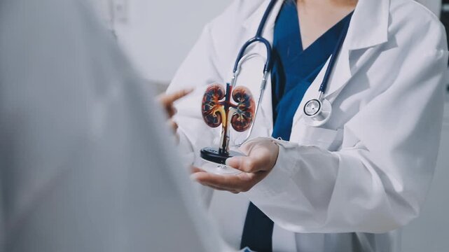 Doctor and patient discussing kidney function test results on a tablet, [chronic kidney disease], [medical monitoring]
