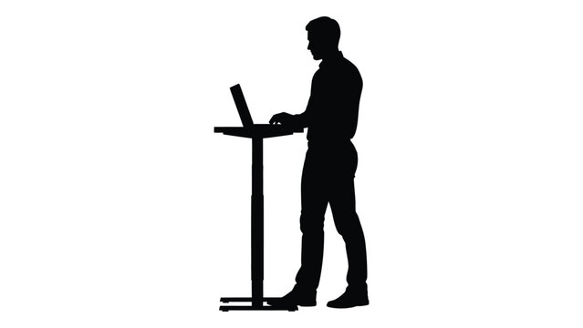 man using laptop silhouette against white background standing desk workspace high quality