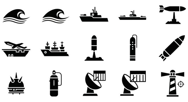 Collection of various flat black marine military vector graphic icons