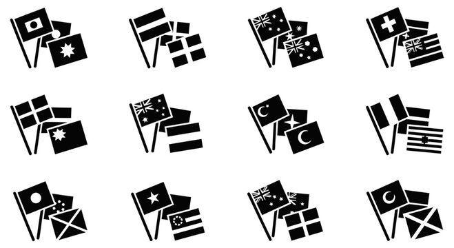Twelve sets of black silhouette international world country flag icons
