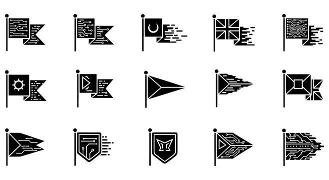 Digital flag icons feature intricate geometric textures and modern circuit patterns on a neutral background.