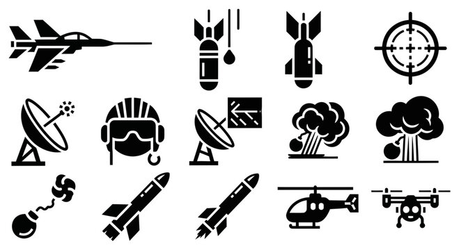 Military warfare icons set featuring fighter jets and weapons symbols