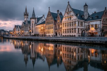 Fototapeta premium Ghent Medieval Skyline At Dusk Dramatic Belgium