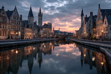 Fototapeta premium Ghent Medieval Skyline At Dusk Dramatic Belgium
