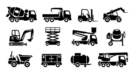 Construction Site Vehicles Silhouette Icon Set – Mixer Truck Forklift Crane Plant Hire Collection © Mediasegment