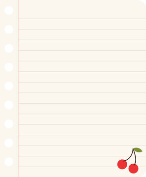 A notebook page with lined paper and two cherries on the bottom