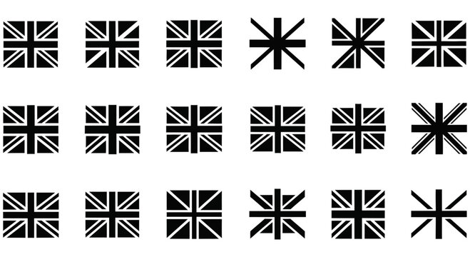 Flags of the United Kingdom are displayed in a uniform grid pattern featuring high contrast black and white ink.