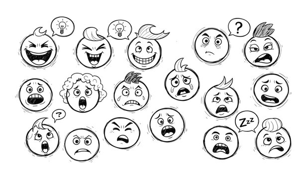 Black and white cartoon faces showing various expressions and emotions