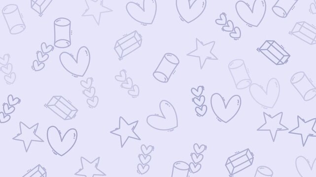 Seamless pattern with hand-drawn hearts, stars, and cylinders on light background