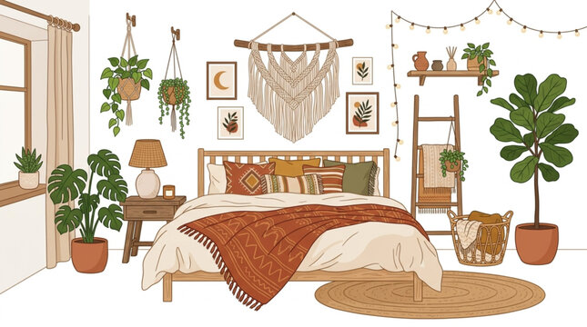 Bohemian bedroom decor with plants and macrame wall hanging.