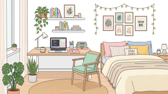 Cozy bedroom interior with a desk and bed decorated with plants and art.