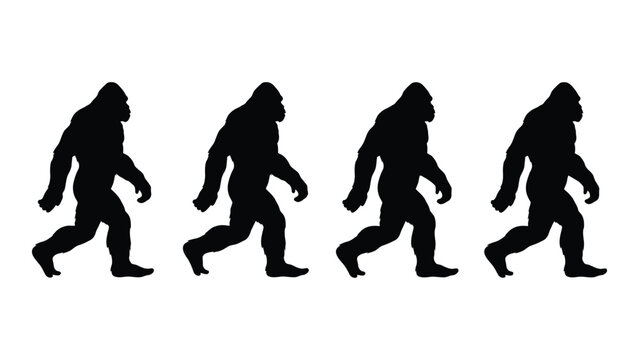 Sasquatch silhouettes walking in a sequence on a white background high quality