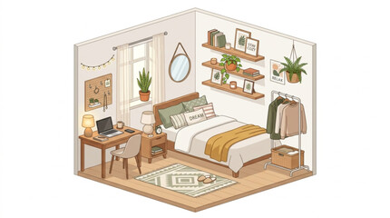 Fototapeta premium Cozy Scandinavian Bedroom Interior Design with Plants and Desk.