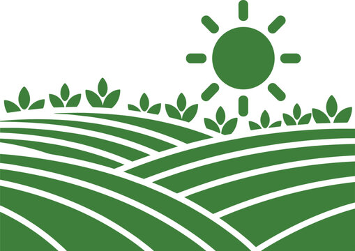 Abstract green farm landscape with rolling hills crops and shining sun symbol for organic agriculture and nature.