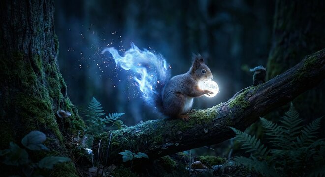 Magical squirrel with a blue flaming tail holding a glowing moon orb in a dark night forest