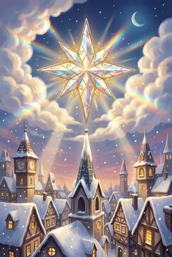 Radiant crystal Christmas star with rainbow light rays shining over snowy fantasy village rooftops.