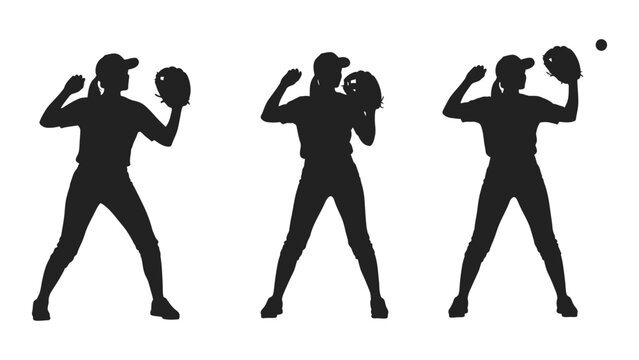 Softball player silhouettes in pitching and catching poses isolated on white