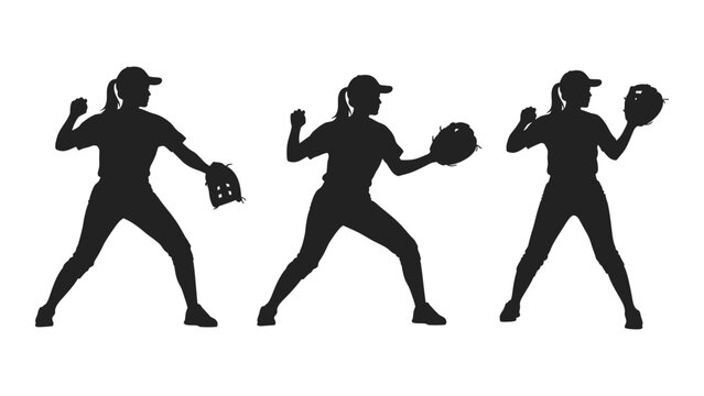 Softball player silhouettes in action three poses against a white background