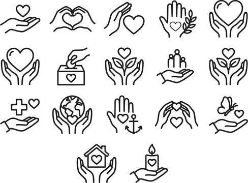 Heartfelt charity and healthcare line icons set for social media and non profit marketing