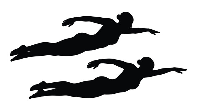 Swimmer silhouette in action two figures in freestyle swimming pose black on white