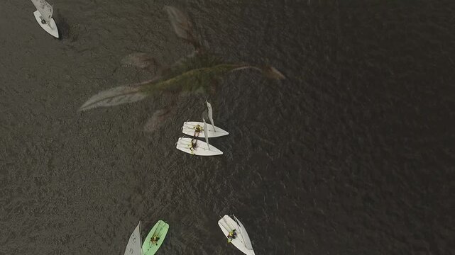 Top-down aerial drone view of small sailboats on dark water as a giant prehistoric sea monster glides beneath the surface. Ominous Liopleurodon creature concept with visual effects