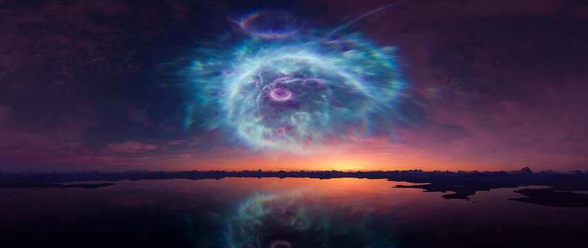 Surreal Blue Nebula Over Sunset Lake With Reflection and Distant Mountains &mdash; 3D Rendering