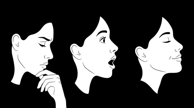 Three facial expressions of a woman thought astonishment and calm in illustration