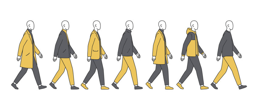 Illustration of diverse walking figures in profile depicting various fashion styles and outerwear