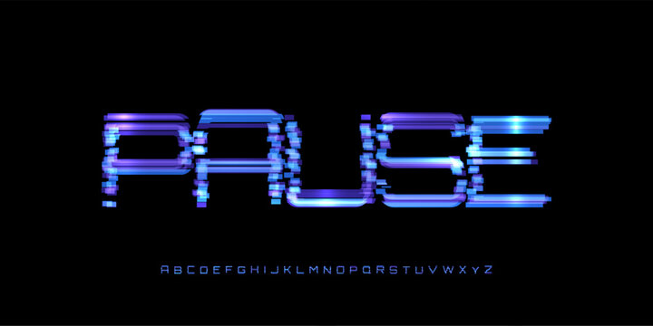 Pause Digital Noice Font Logo Alphabet Vector Glitch Letters Set Modern Typography, Creative Typographic Design for Play Button, Game UI Headline, Display Fonts. Vector Typeface