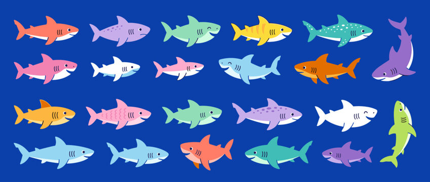 Set of Colorful Cartoon Sharks Collection on Blue Background for Ocean Life and Kids Design