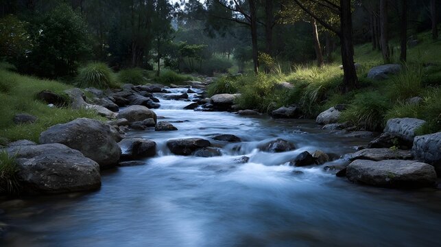 A peaceful mountain stream flowing over moss covered rocks through a dense lush temperate forest