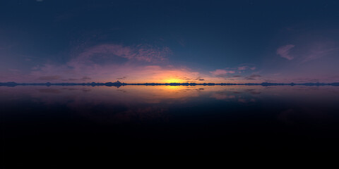 Fototapeta premium Panoramic Twilight Sunset Over Calm Lake With Mountain Silhouette and Mirror Reflection - 3D Rendering
