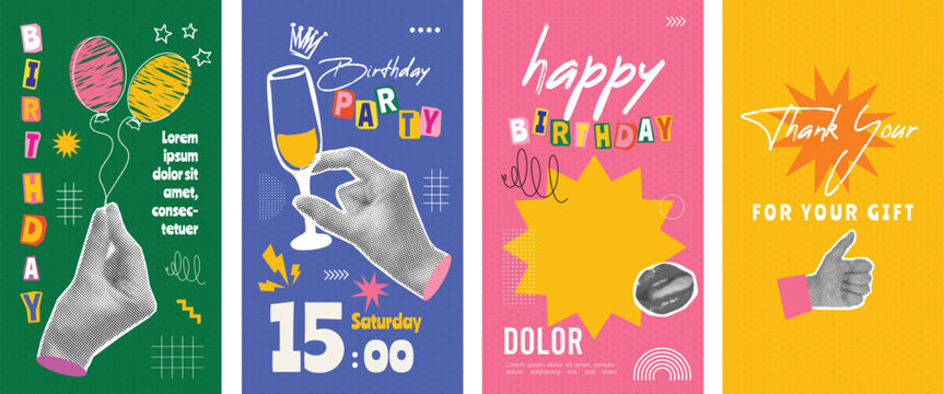 Happy birthday party with digital collage social media post or story