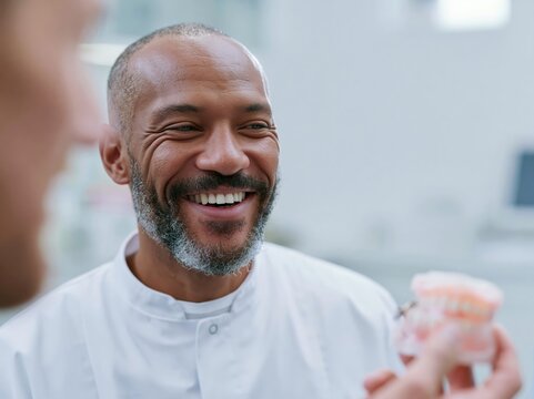 Smiling dentist shows a dental prosthesis to a patient in a clinic