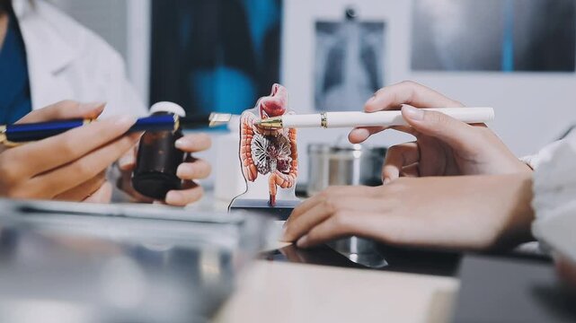 Caucasian doctor in white coat gives professional consultation remotely. Mature female nutritionist talks about the treatment of gastrointestinal tract to patient during online session.