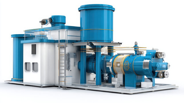 industrial flour mill machinery with blue hopper and processing unit isolated