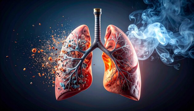 Detailed human lungs with visible bronchial tree, surrounded by swirling smoke, symbolizing respiratory fragility and harmful inhalation effects.