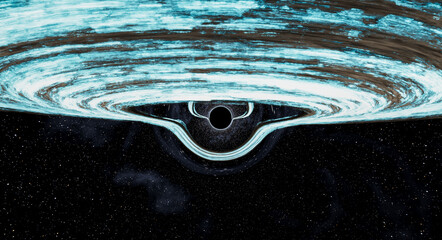 Dramatic Black Hole With Bright Accretion Disk and Gravitational Lens Effect Over Starfield – 3D Rendering © edb3_16