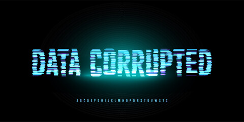 Digital Glitch Font Logo Alphabet Button, Turquoise Neon Glowing Light Future Noise Effect Letter Signs Set, Computer Game Typographic Design, Interface Headline Title, Data Corrupted. Vector Typeset © artyway