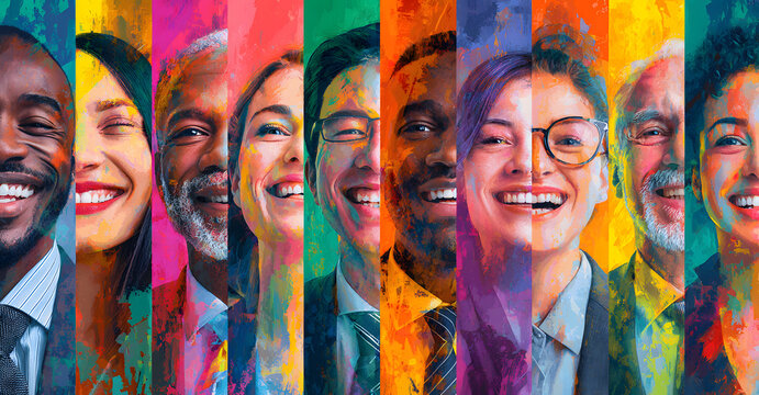 Colorful collage of smiling multiethnic people in vertical panels. Concept of diversity and inclusion for corporate websites, HR presentations, employer branding and marketing banners.