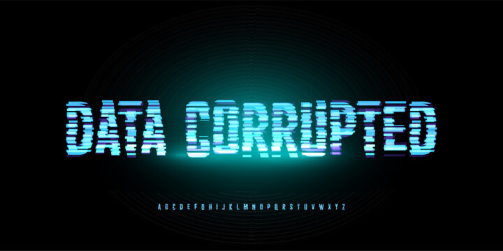Digital Glitch Font Logo Alphabet Button, Turquoise Neon Glowing Light Future Noise Effect Letter Signs Set, Computer Game Typographic Design, Interface Headline Title, Data Corrupted. Vector Typeset