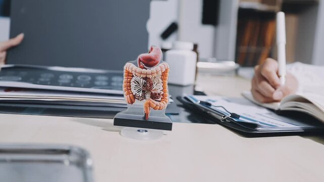 Caucasian doctor in white coat gives professional consultation remotely. Mature female nutritionist talks about the treatment of gastrointestinal tract to patient during online session.