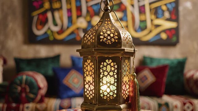 Ornate Golden Ramadan Lantern Glowing In A Traditional Arabic Majlis Interior With Calligraphy