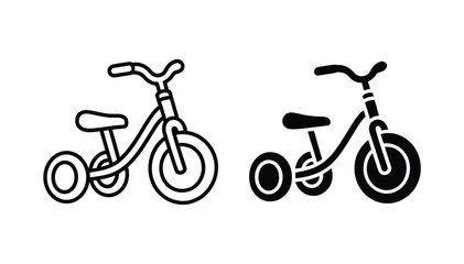 Fototapeta premium Kids bicycle icon vector set, children bike with training wheels in outline and solid style for transport, sport, and childhood design