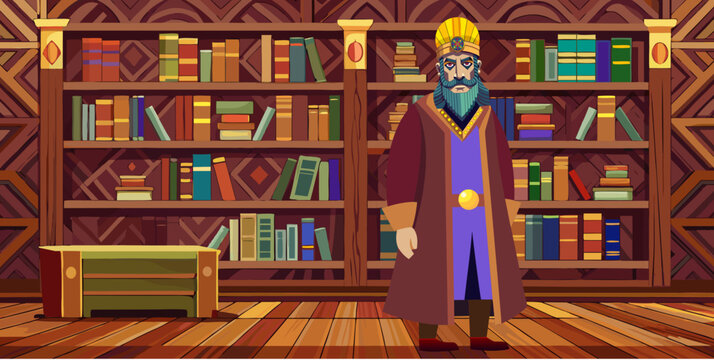 Library, prayer, librarian, books, book of hours, prayer of words, Bible, shelves, cupboard, chest, crown, robe, caftan, boyar, tsar, prince, baron, gold, medallion, star, runes, encyclopedia