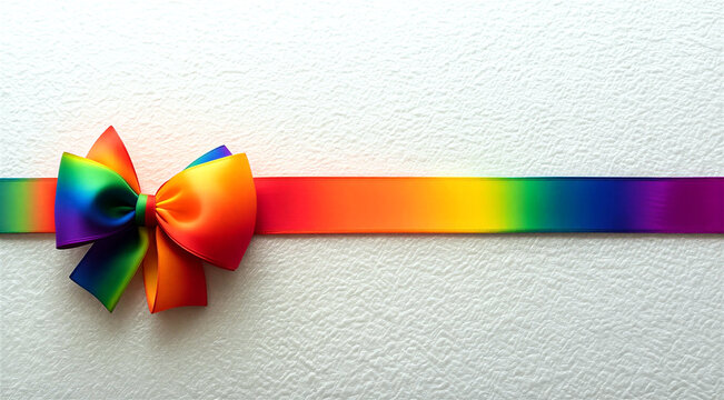 Colorful rainbow bow and ribbon tied beautifully on a textured paper background