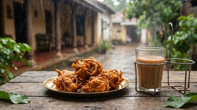 Traditional Indian monsoon snacks featuring crispy onion pakoras and hot cutting chai on a wooden table with rainy village courtyard background.