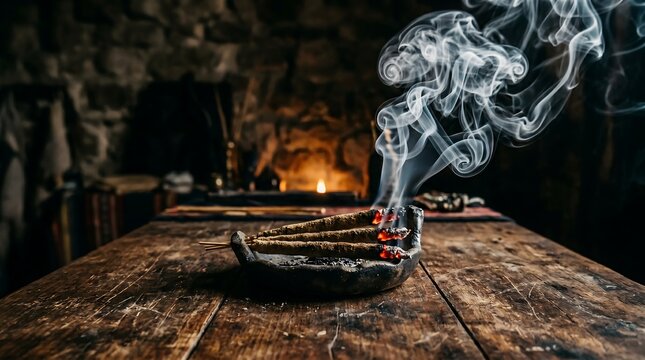 Smoking incense burns slowly on a rustic wooden table in a dimly lit room with a fireplace.