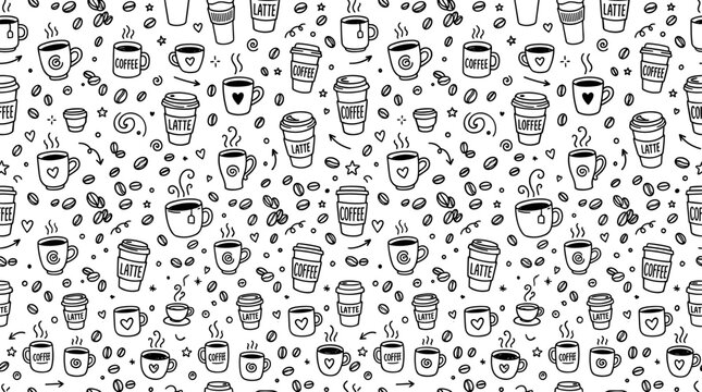 Seamless doodle pattern with outlines of coffee cups mugs and beans for cafe backgrounds