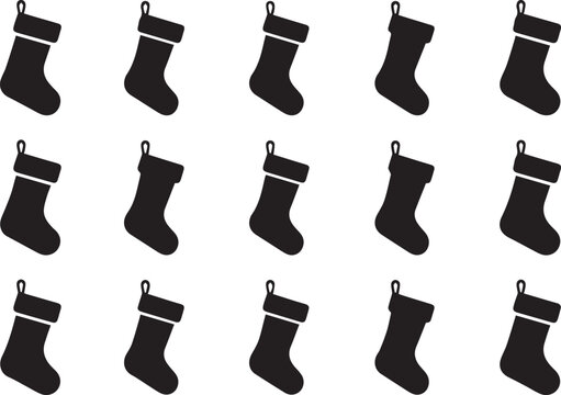 Black christmas stocking silhouettes arranged in a grid pattern isolated on white background for holiday decoration and design